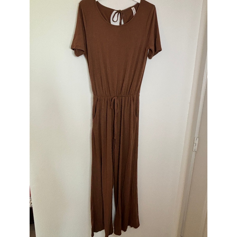 Zenana Premium Brown Short Sleeve Wide Leg Jumpsuit L Drawstring Waist Pocket